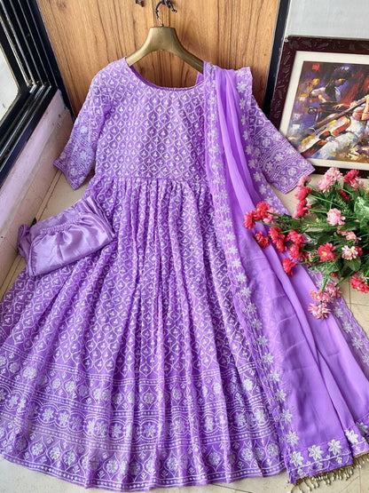 Purple georgette heavy embroidered wedding anarkali suit