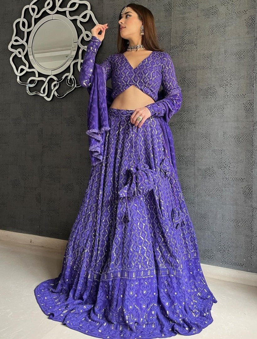 Purple georgette heavy embroidered wedding lehenga choli