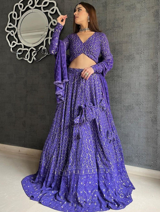 Purple georgette heavy embroidered wedding lehenga choli
