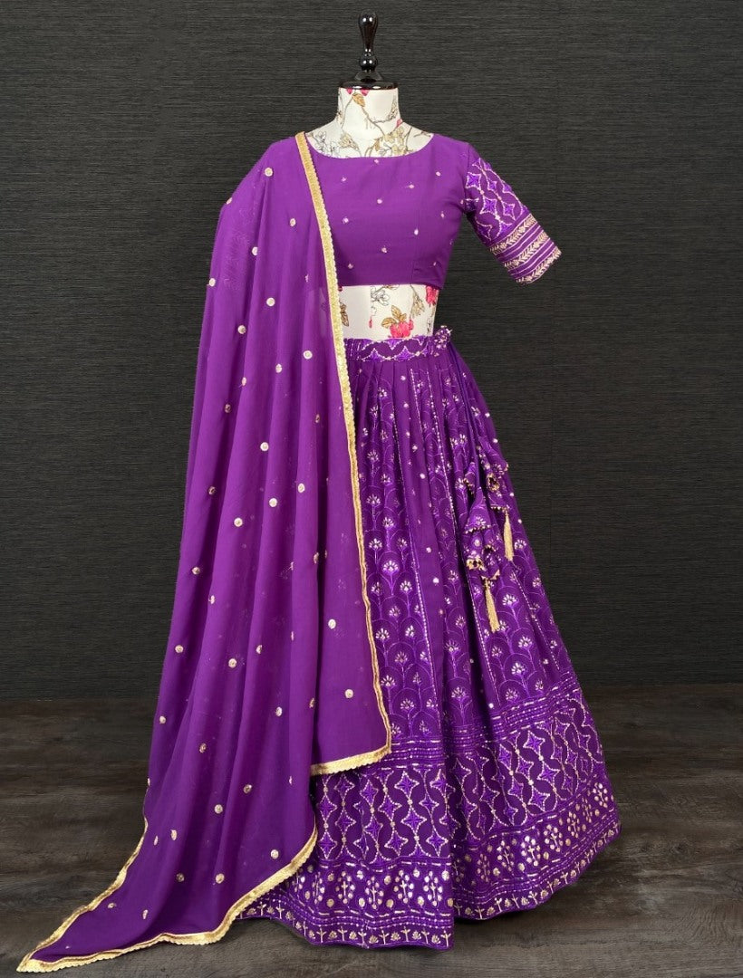 Purple georgette heavy embroidered wedding lehenga choli