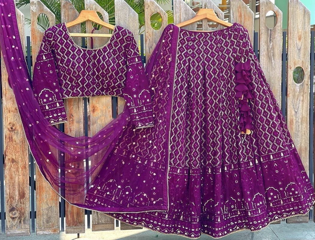Purple georgette heavy embroidered wedding lehenga choli