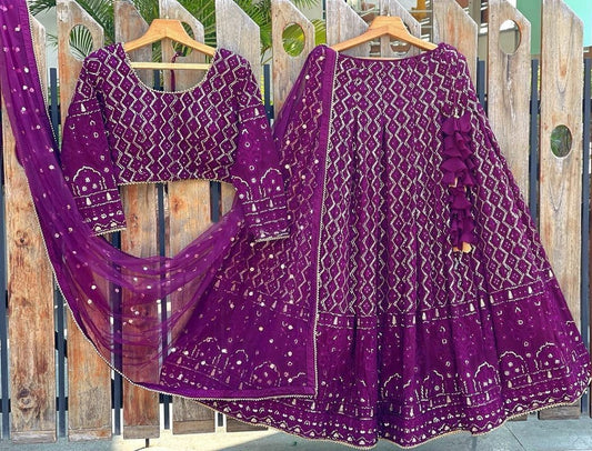 Purple georgette heavy embroidered wedding lehenga choli
