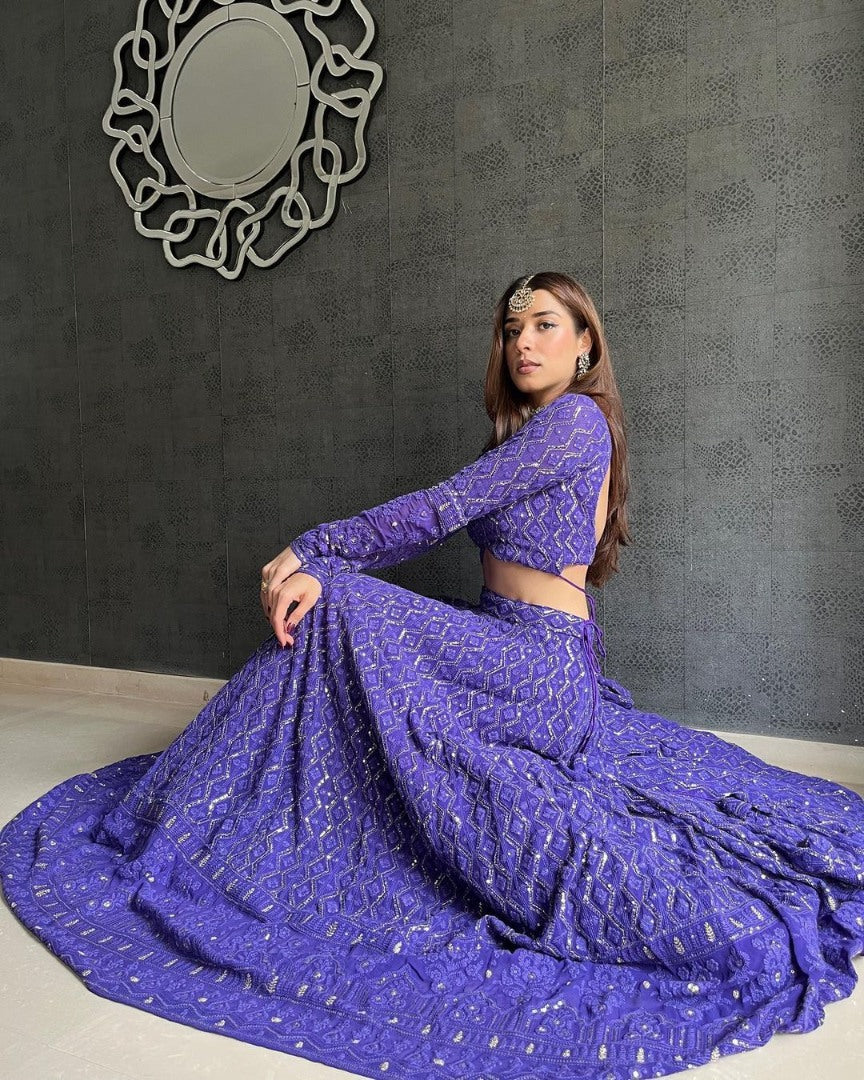 Purple georgette heavy embroidered wedding lehenga choli