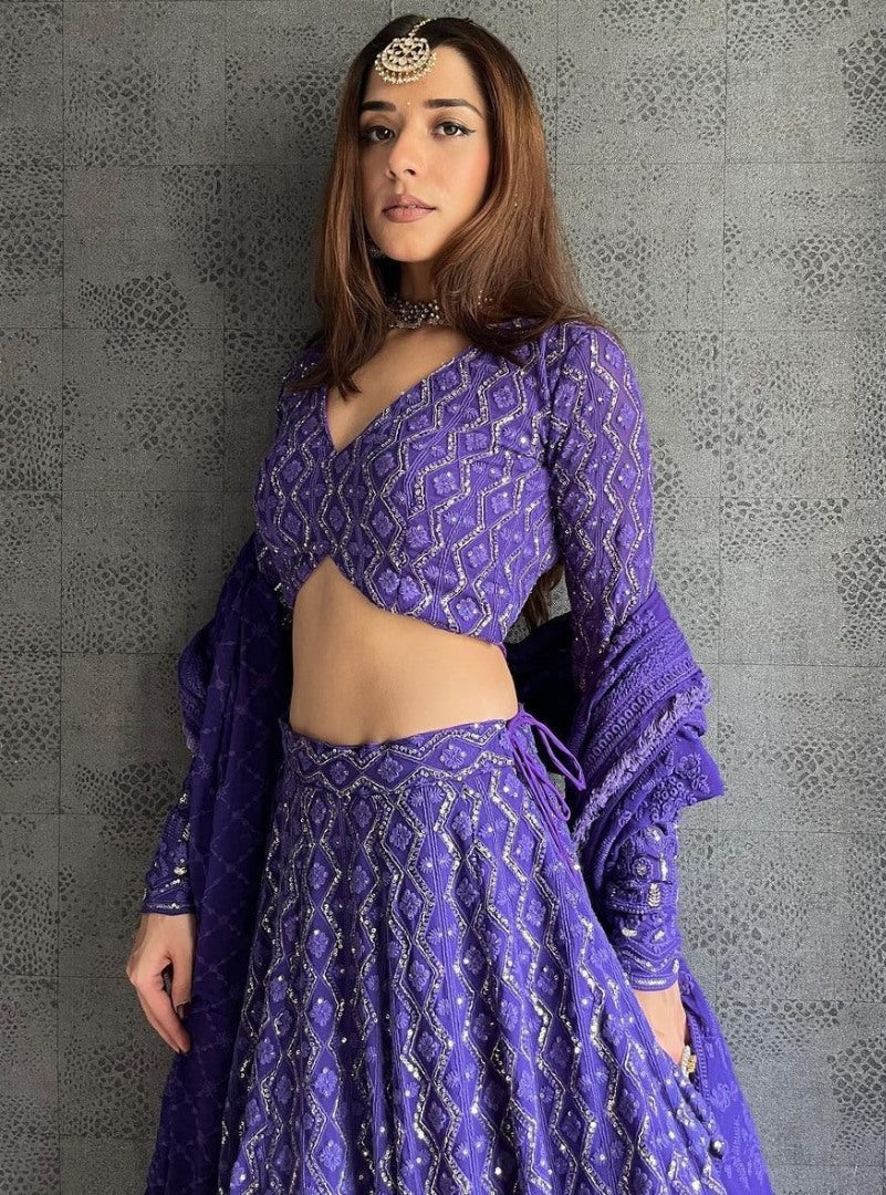 Purple georgette heavy embroidered wedding lehenga choli