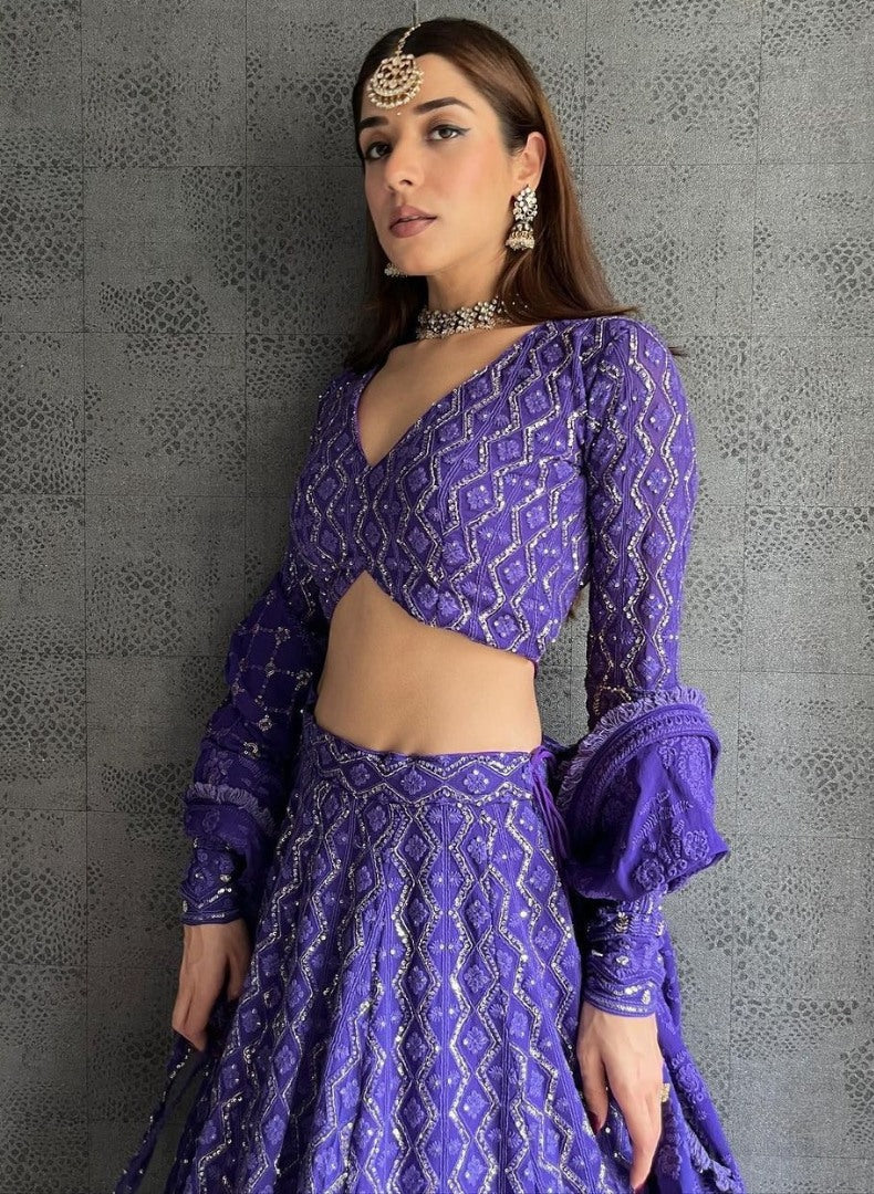 Purple georgette heavy embroidered wedding lehenga choli