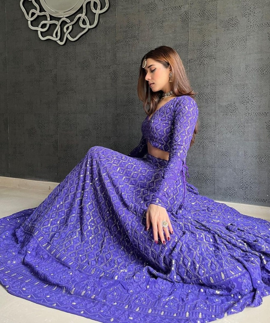 Purple georgette heavy embroidered wedding lehenga choli