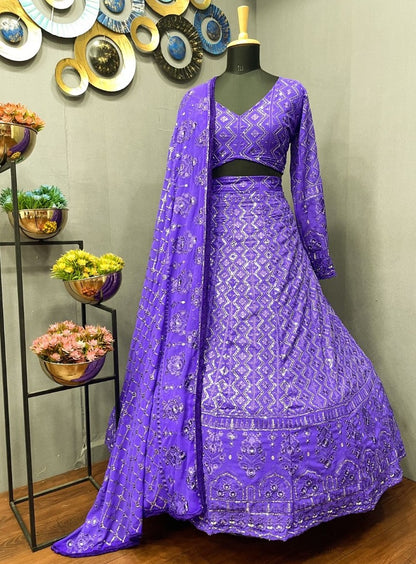 Purple georgette heavy embroidered wedding lehenga choli
