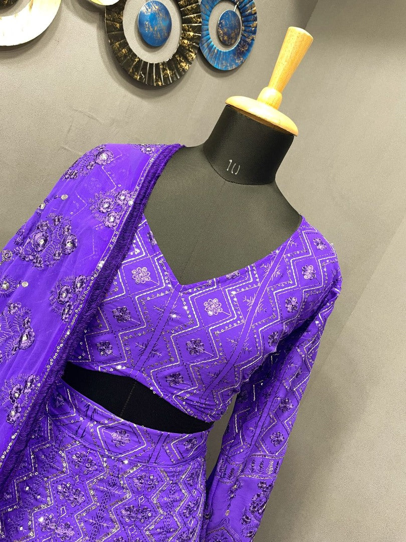 Purple georgette heavy embroidered wedding lehenga choli