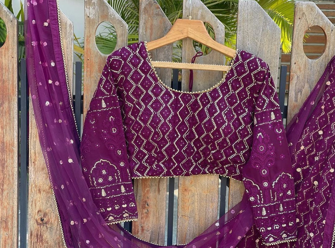 Purple georgette heavy embroidered wedding lehenga choli