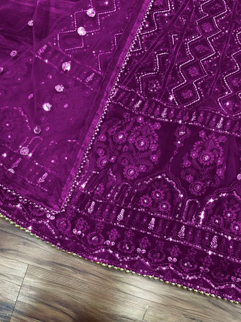 Purple georgette heavy embroidered wedding lehenga choli