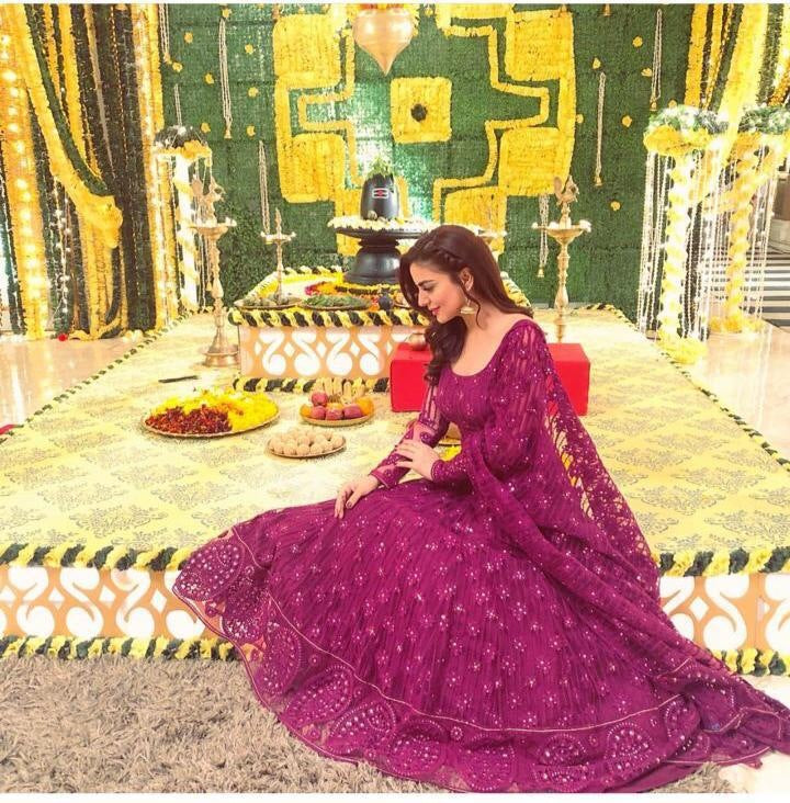 Purple georgette heavy embroidered wedding long anarkali suit