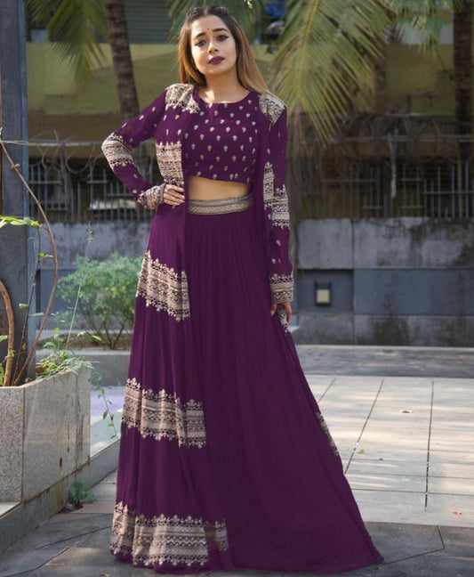 Purple georgette heavy embroidered work lehenga choli with koti