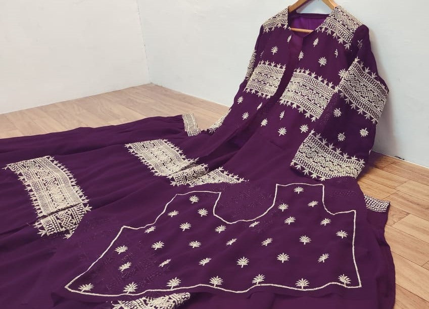 Purple georgette heavy embroidered work lehenga choli with koti