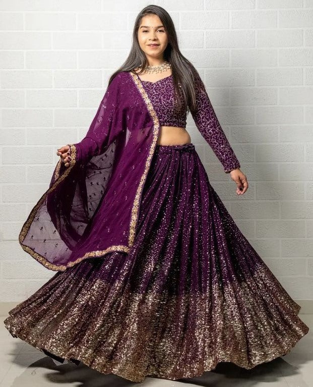 Purple georgette heavy sequence work wedding lehenga choli