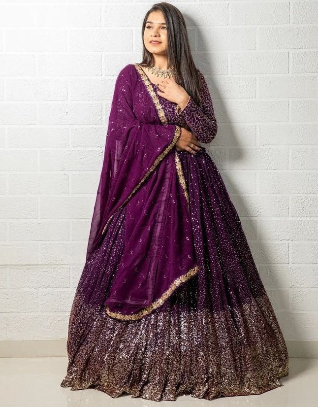 Purple georgette heavy sequence work wedding lehenga choli