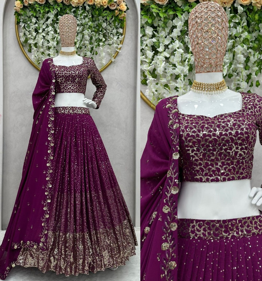 Purple georgette heavy sequence work wedding lehenga choli