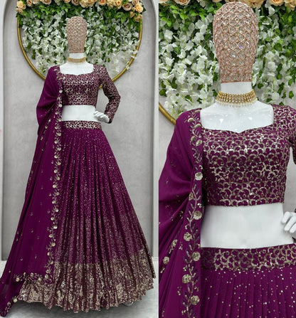 Purple georgette heavy sequence work wedding lehenga choli