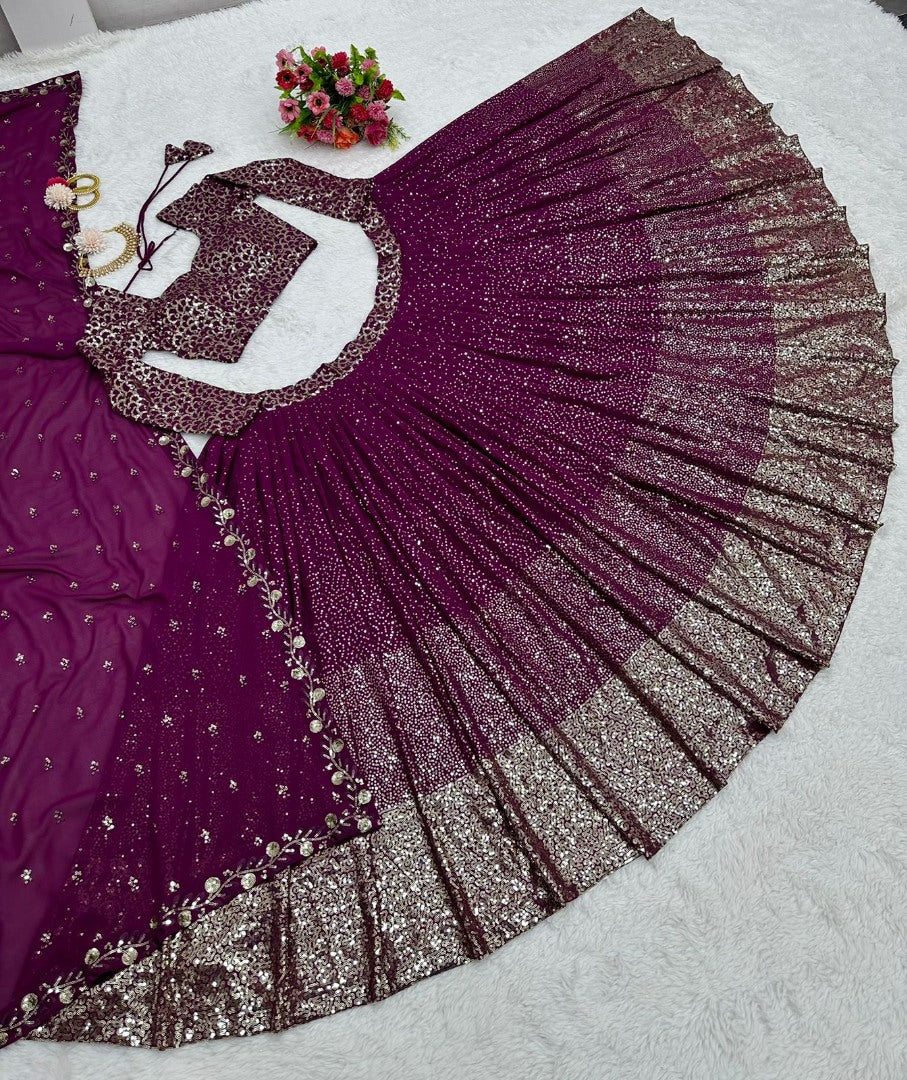 Purple georgette heavy sequence work wedding lehenga choli