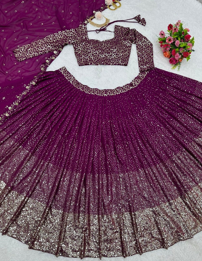 Purple georgette heavy sequence work wedding lehenga choli