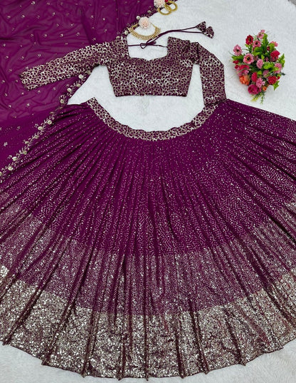 Purple georgette heavy sequence work wedding lehenga choli