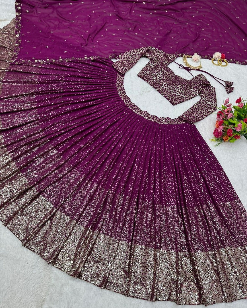 Purple georgette heavy sequence work wedding lehenga choli