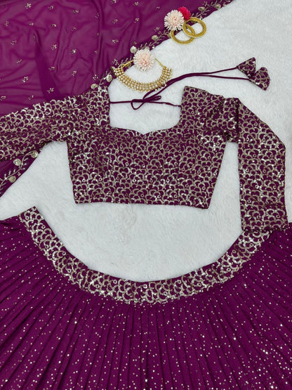 Purple georgette heavy sequence work wedding lehenga choli