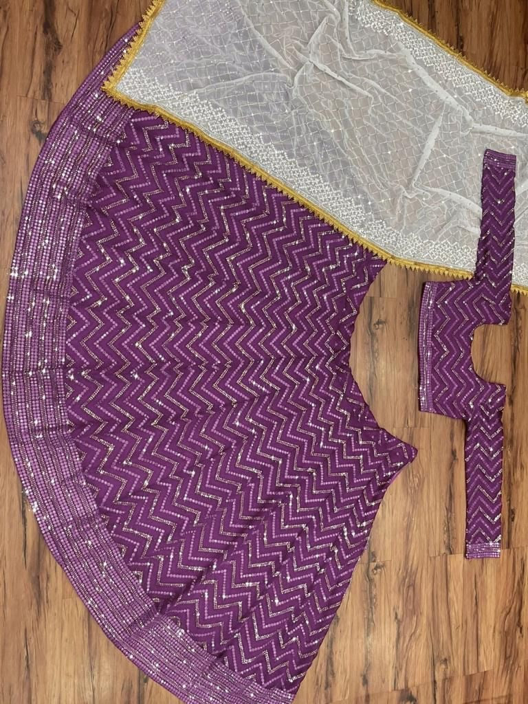 Purple georgette heavy thread sequence embroidered wedding lehenga choli