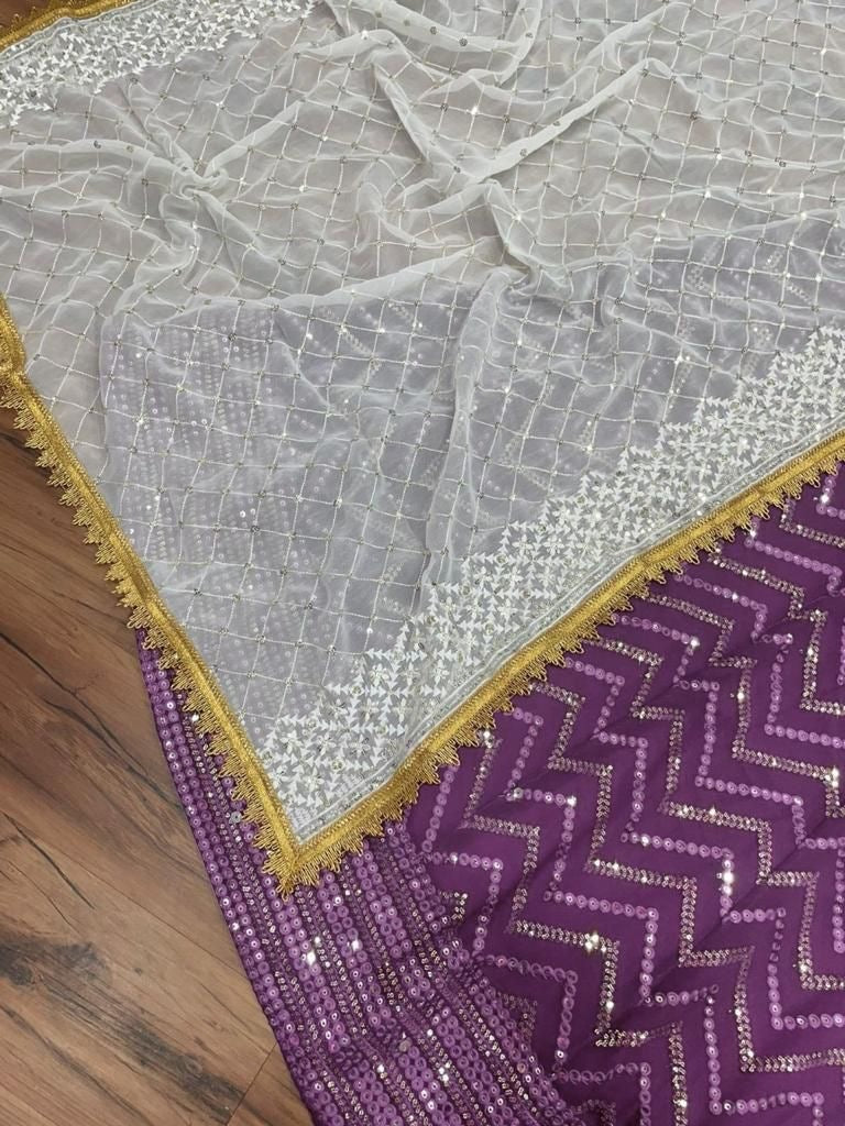 Purple georgette heavy thread sequence embroidered wedding lehenga choli