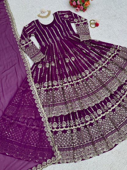 Purple georgette heavy work wedding lehenga suit