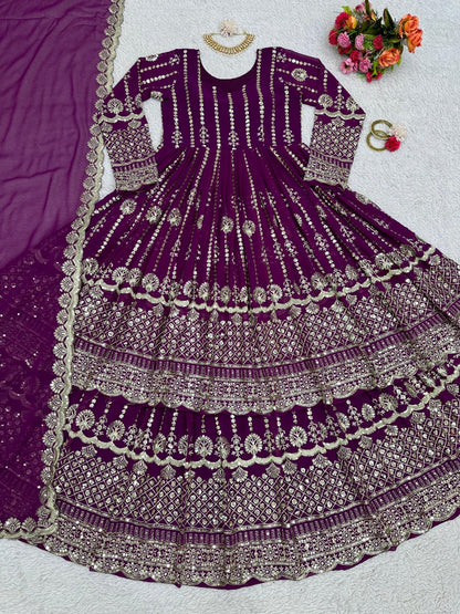 Purple georgette heavy work wedding lehenga suit