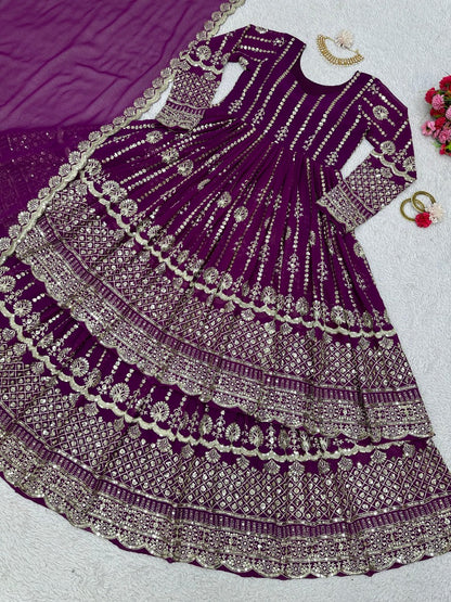 Purple georgette heavy work wedding lehenga suit