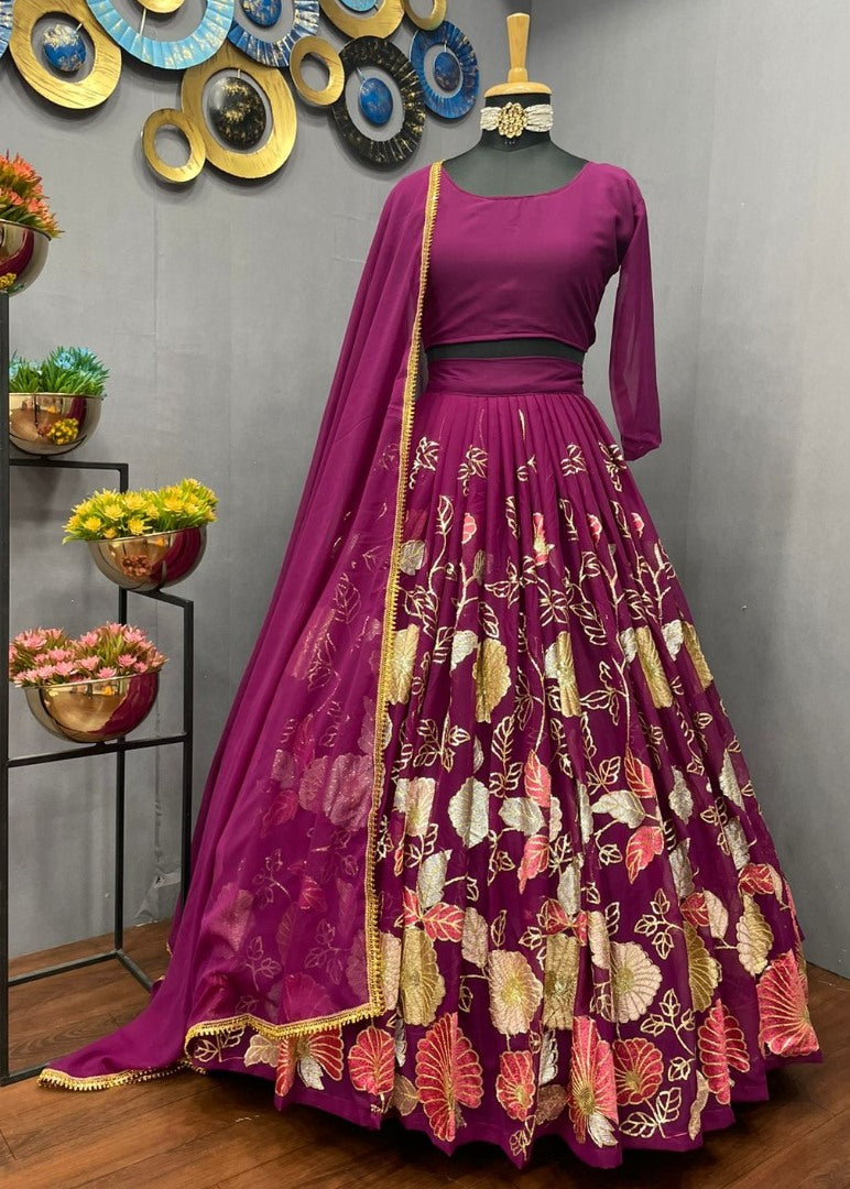Purple georgette multi heavy thread work wedding lehenga choli