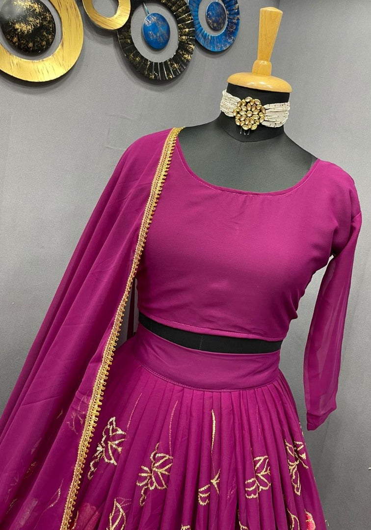 Purple georgette multi heavy thread work wedding lehenga choli