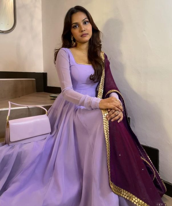 Purple georgette plain anarkali suit with embroidered dupatta