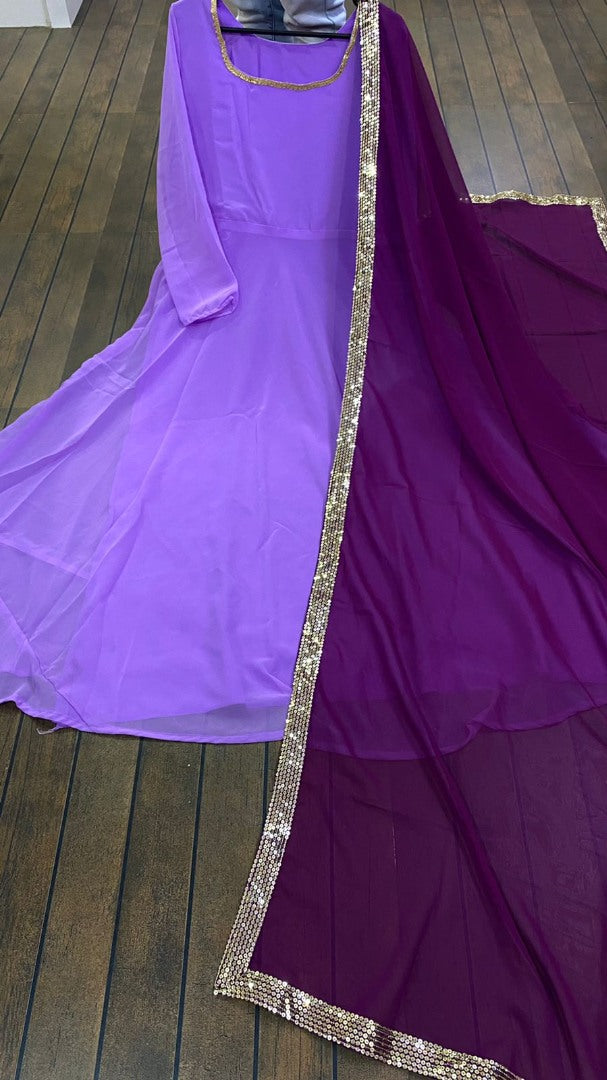 Purple georgette plain anarkali suit with embroidered dupatta