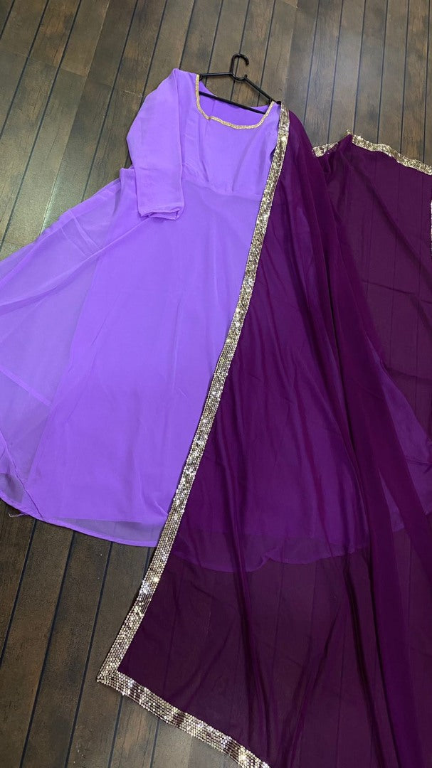 Purple georgette plain anarkali suit with embroidered dupatta