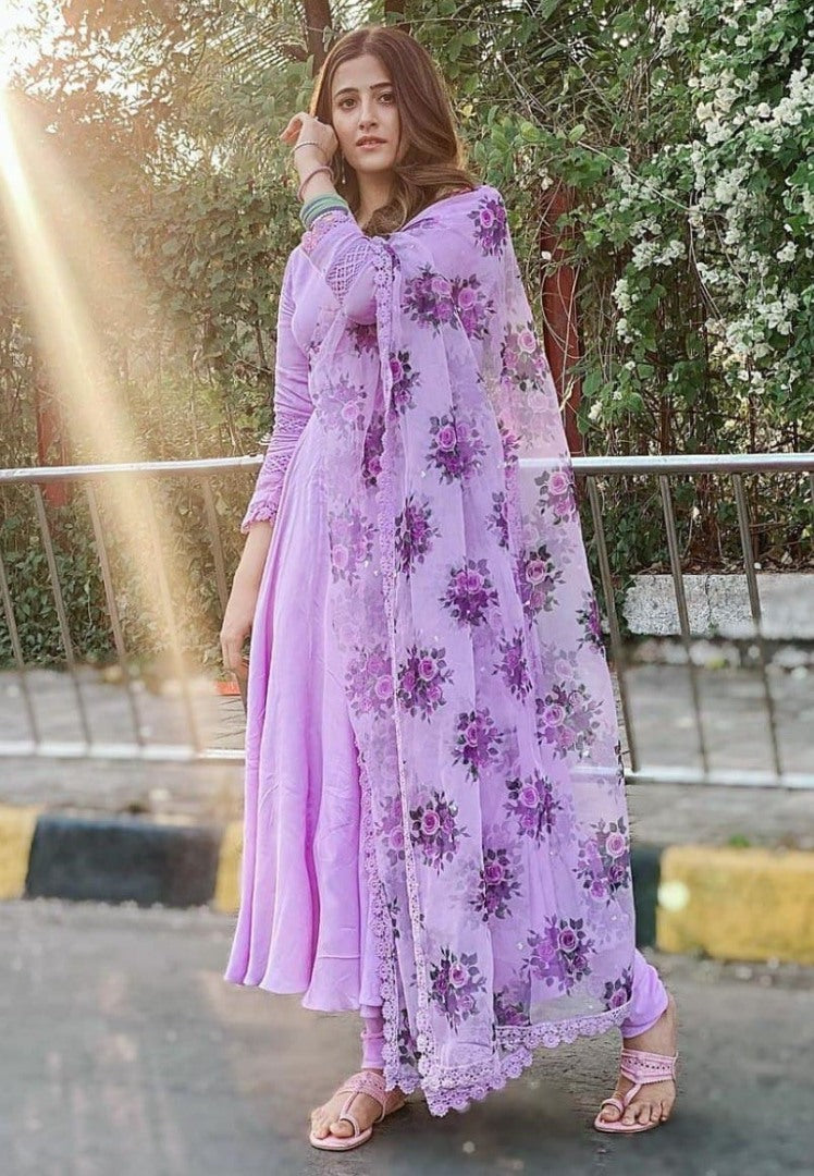 Purple georgette plain anarkali suit with floral printed dupatta