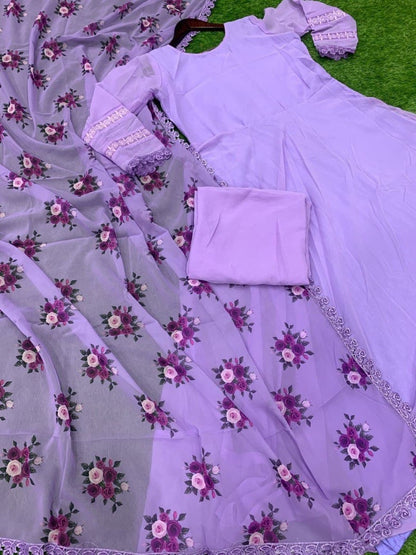 Purple georgette plain anarkali suit with floral printed dupatta