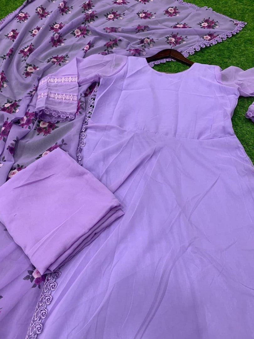 Purple georgette plain anarkali suit with floral printed dupatta