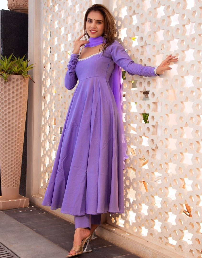 Purple georgette plain umbrella flair anarkali suit