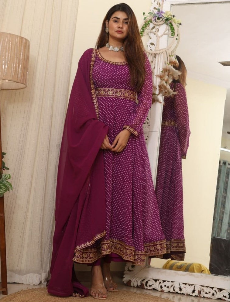 Purple georgette print and embroidered gown