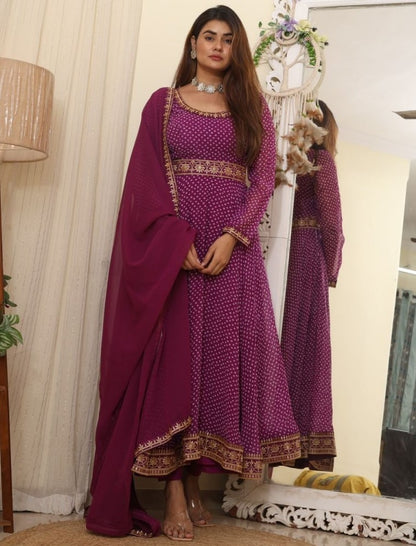 Purple georgette print and embroidered gown