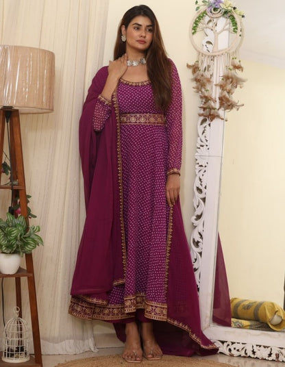 Purple georgette print and embroidered gown
