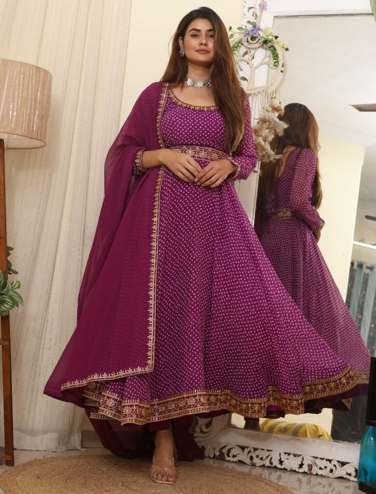 Purple georgette print and embroidered gown