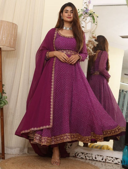 Purple georgette print and embroidered gown