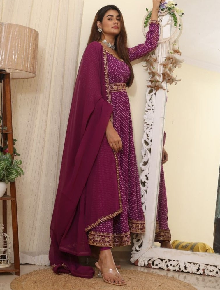 Purple georgette print and embroidered gown