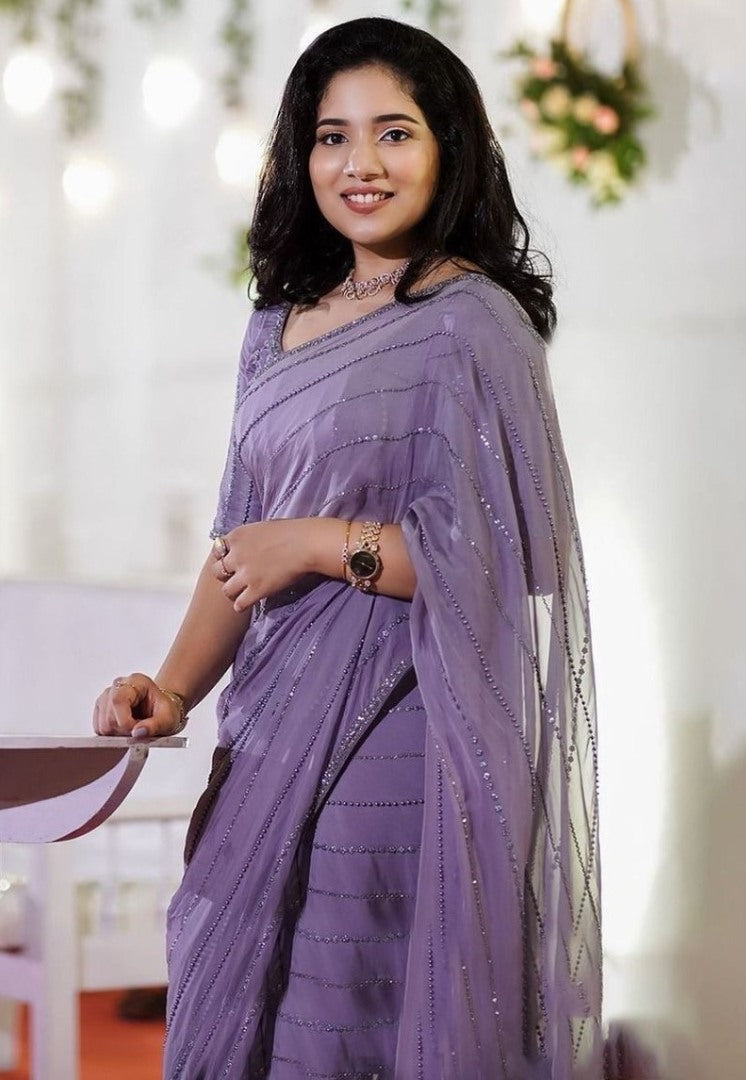 Purple georgette sequence embroidered saree