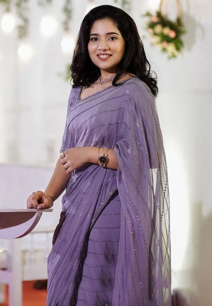 Purple georgette sequence embroidered saree