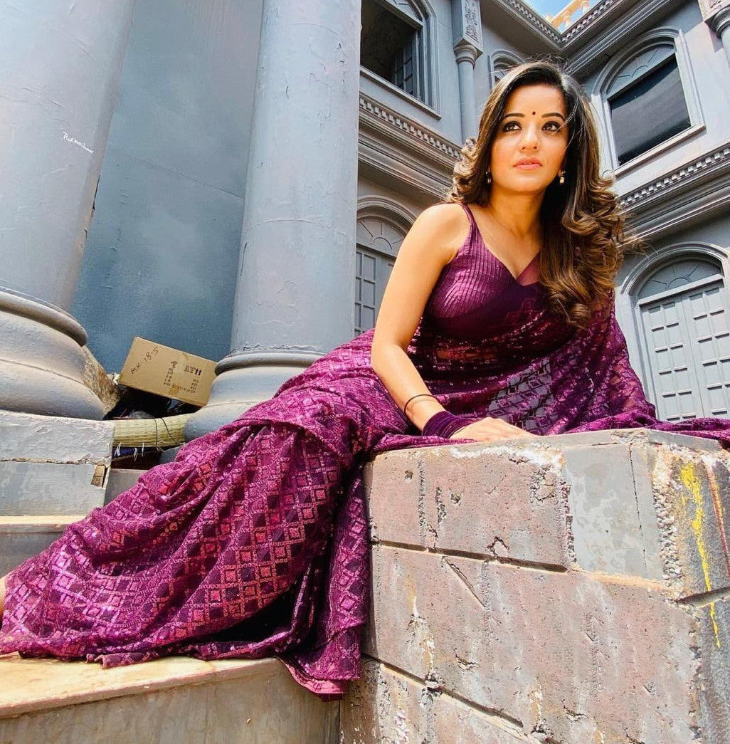 Purple georgette sequence embroidery partywear saree
