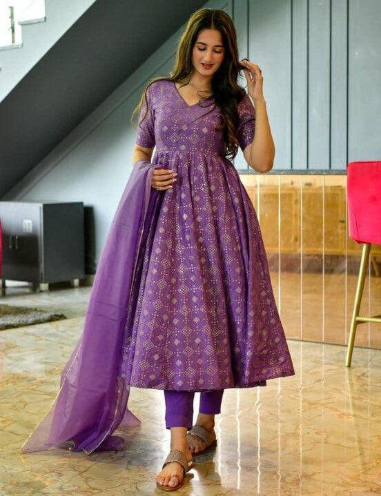 Purple georgette sequence embroidery work party wear anarkali suit
